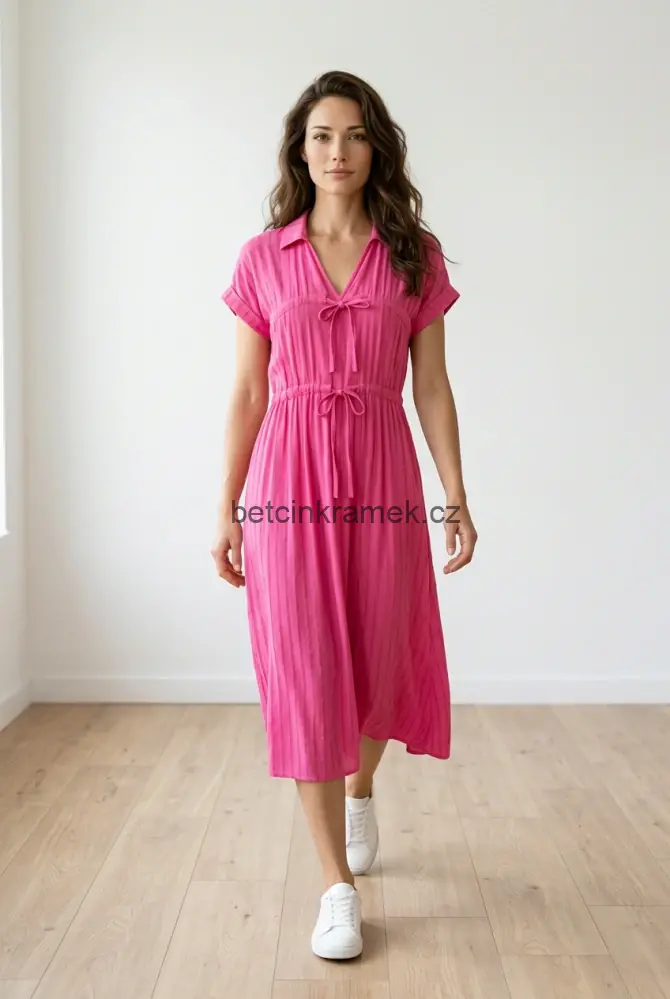 Dlouhé šaty se zlatými detaily a šňůrkami - fuchsiová růžová L/XL